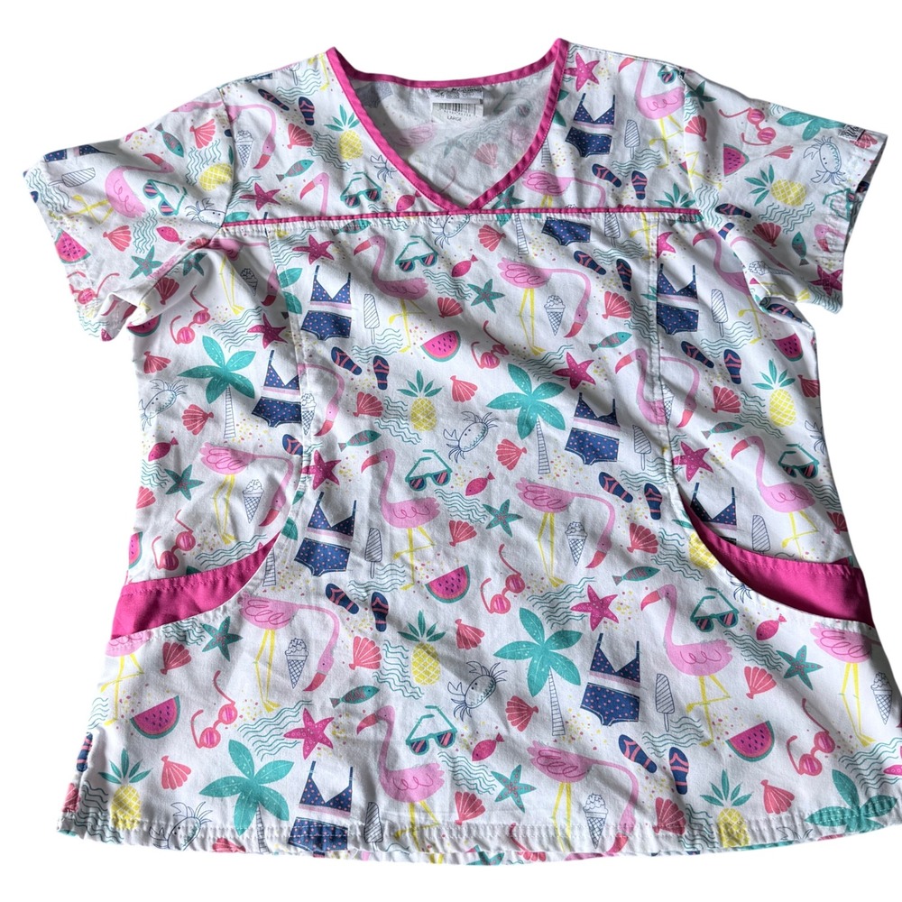 UA Scrubs Flamingo Beach White V-Neck Scrub Top Large UA864FMO Summer Print